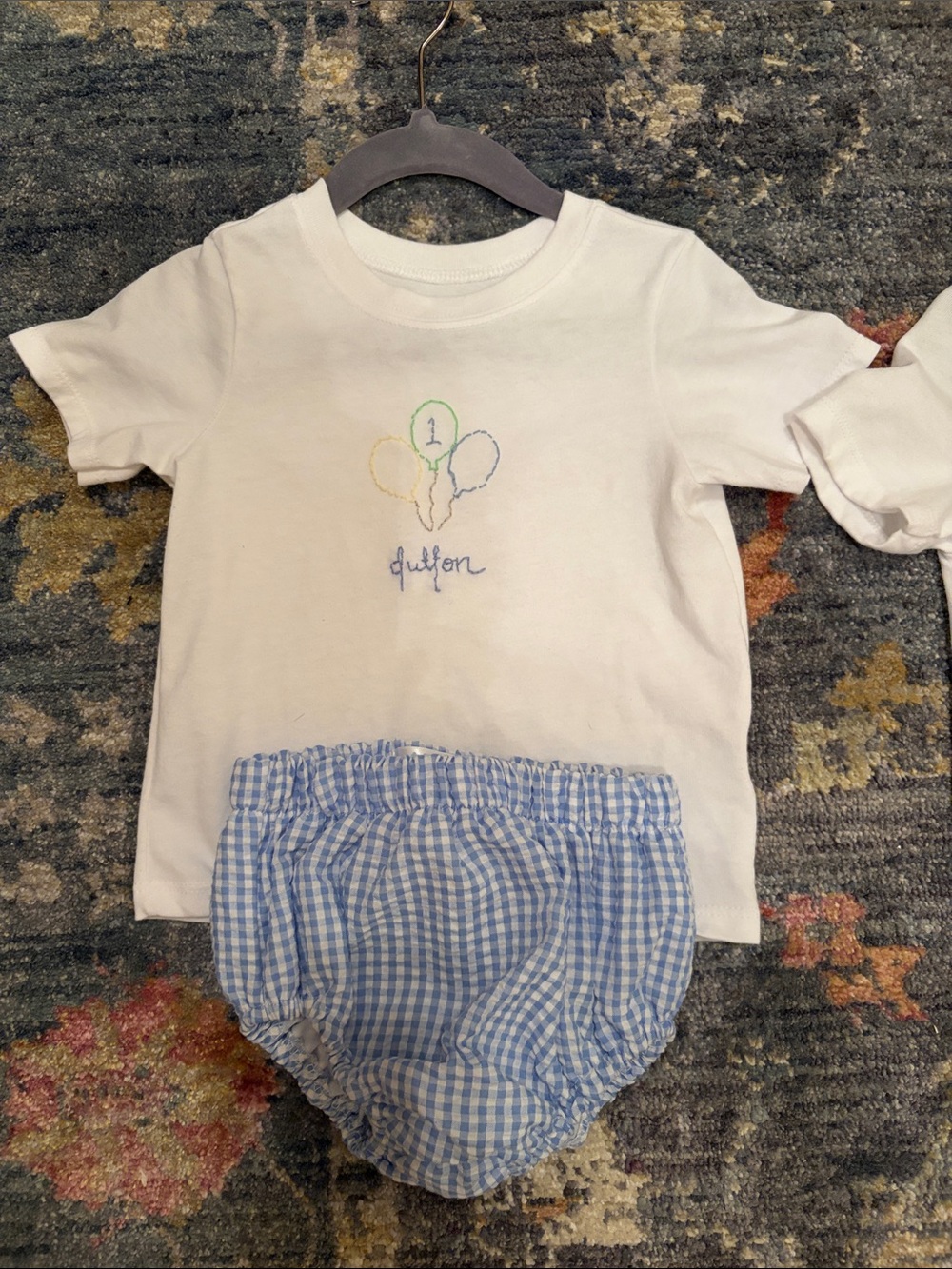 Garanimals White Tee with Blue Gingham Bloomers and Balloon Embroidery